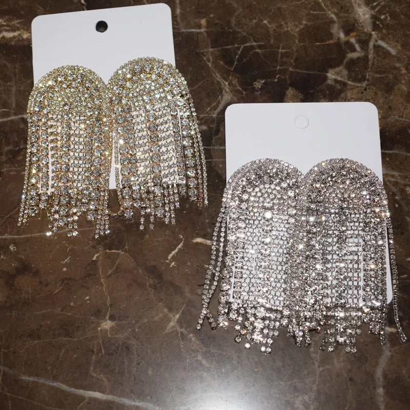 Rhinestone Tassel Statement Dangle Earrings