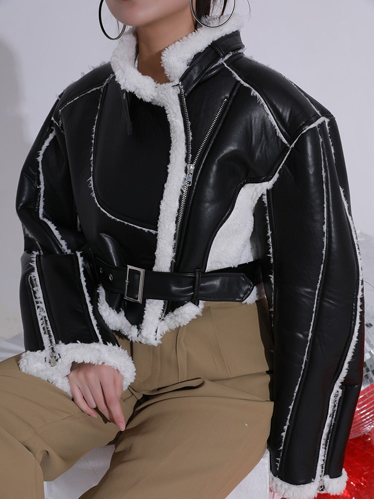 Belted Faux-Fur Moto Jacket