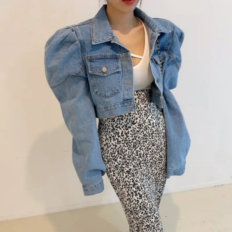 Spring Cardigan Lapel Bubble Sleeve Long Sleeved Single Breasted High Waist Short Denim Coat Women Retro Jean Jacket Shirts