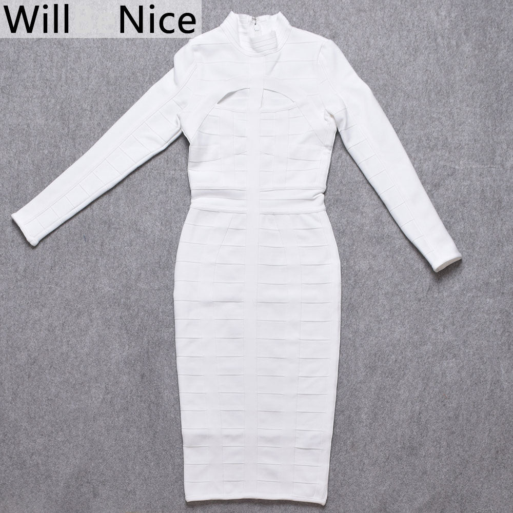 Women Bodycon Bandage Dress White Long Sleeve Hollow Out Club Dress Vestidos Celebrity Evening Party Midi Dress