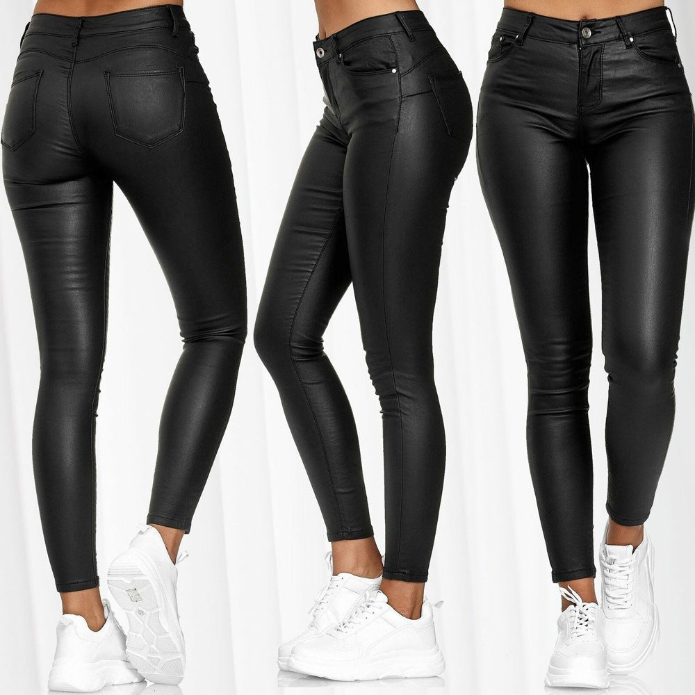 High-Waisted Solid Color Leather Casual Skinny Pants for Women Versatile and Stylish Long Trousers