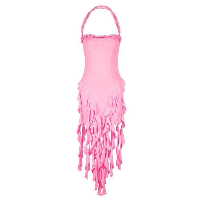 Sexy Strapless Tassel Halter Bodycon Dress for Women