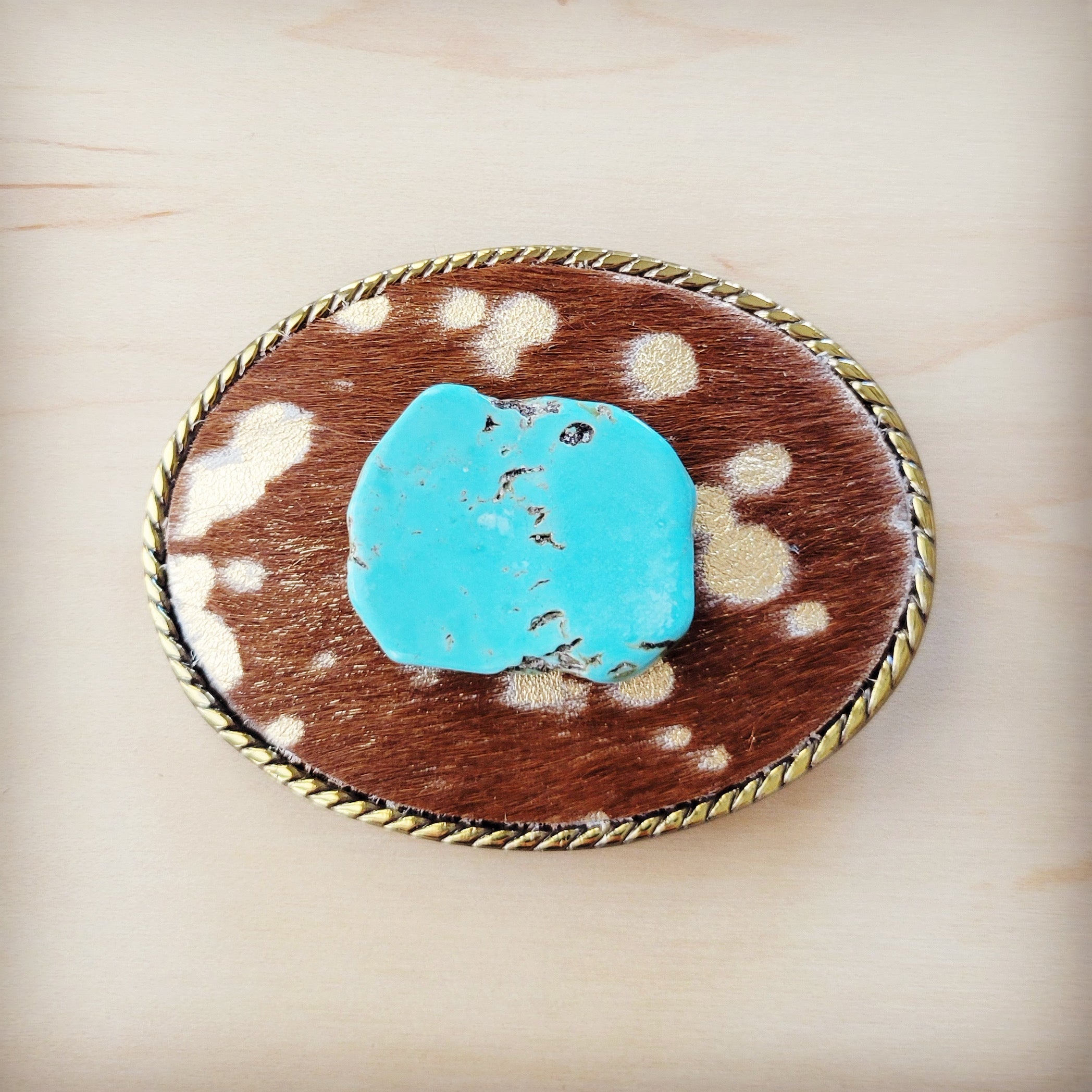 Rope Edge Tan Metallic Leather Belt Buckle w/ Turquoise Slab 907m