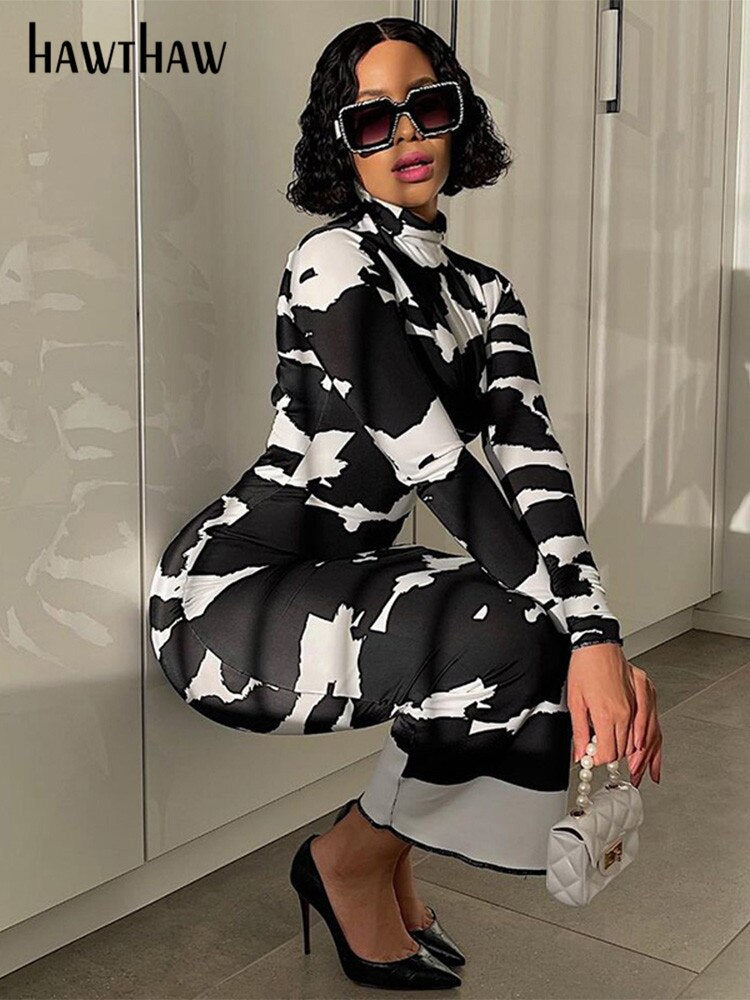 Printed Long-Sleeve Bodycon Maxi Dress