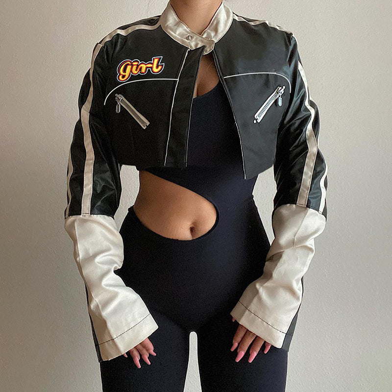 Street Motorcycle Style Letter Print PU Leather Spliced Short Jacket Workwear Casual Leather Top