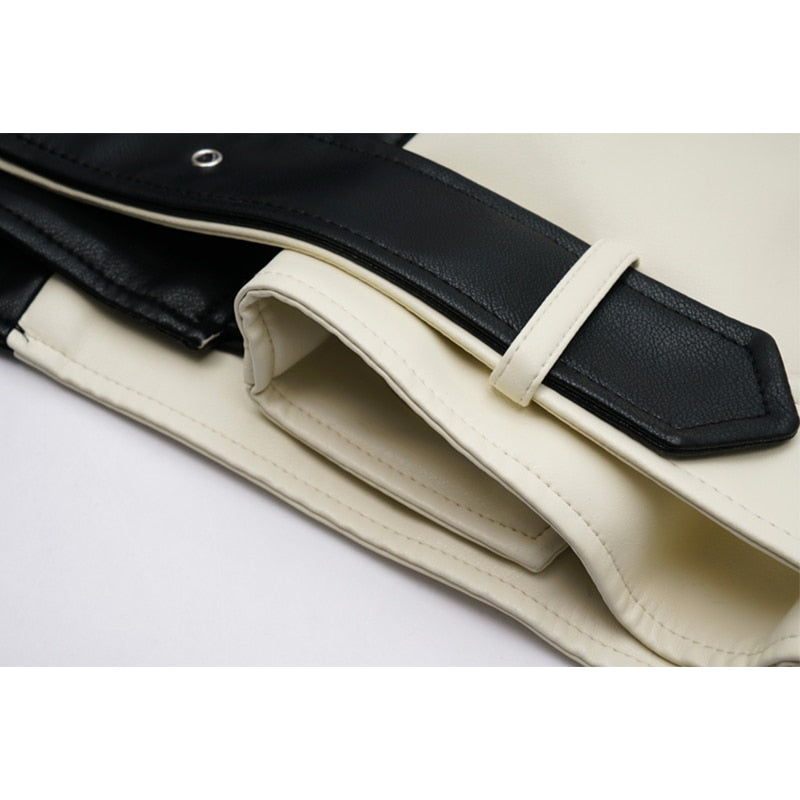 Black And White Stitching Contrast Color Motorcycle Leather Jacket Female Handsome Loose Short PU Leather Jacket Trendy