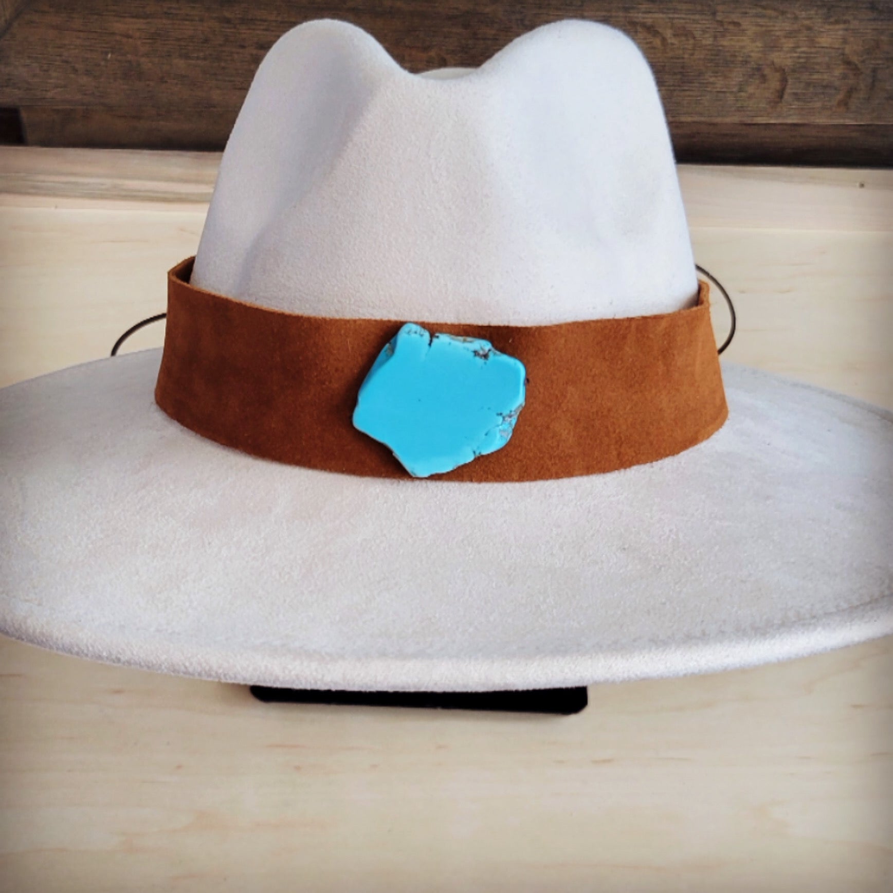 Wide Genuine Leather Tan Suede Hat Band w/ Turq 953r