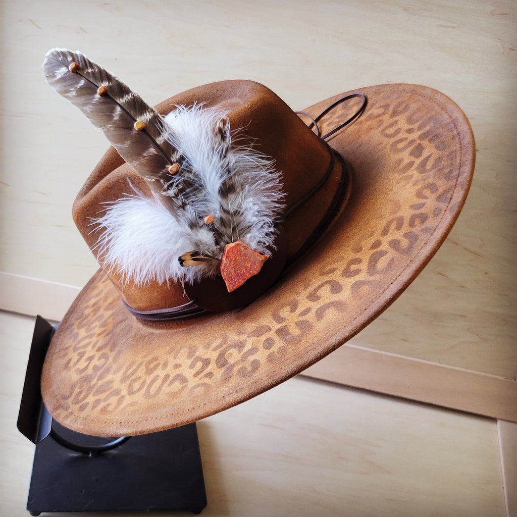 Hand-Painted Leopard Boho Western Cowgirl Hat & Band-Tan 987m