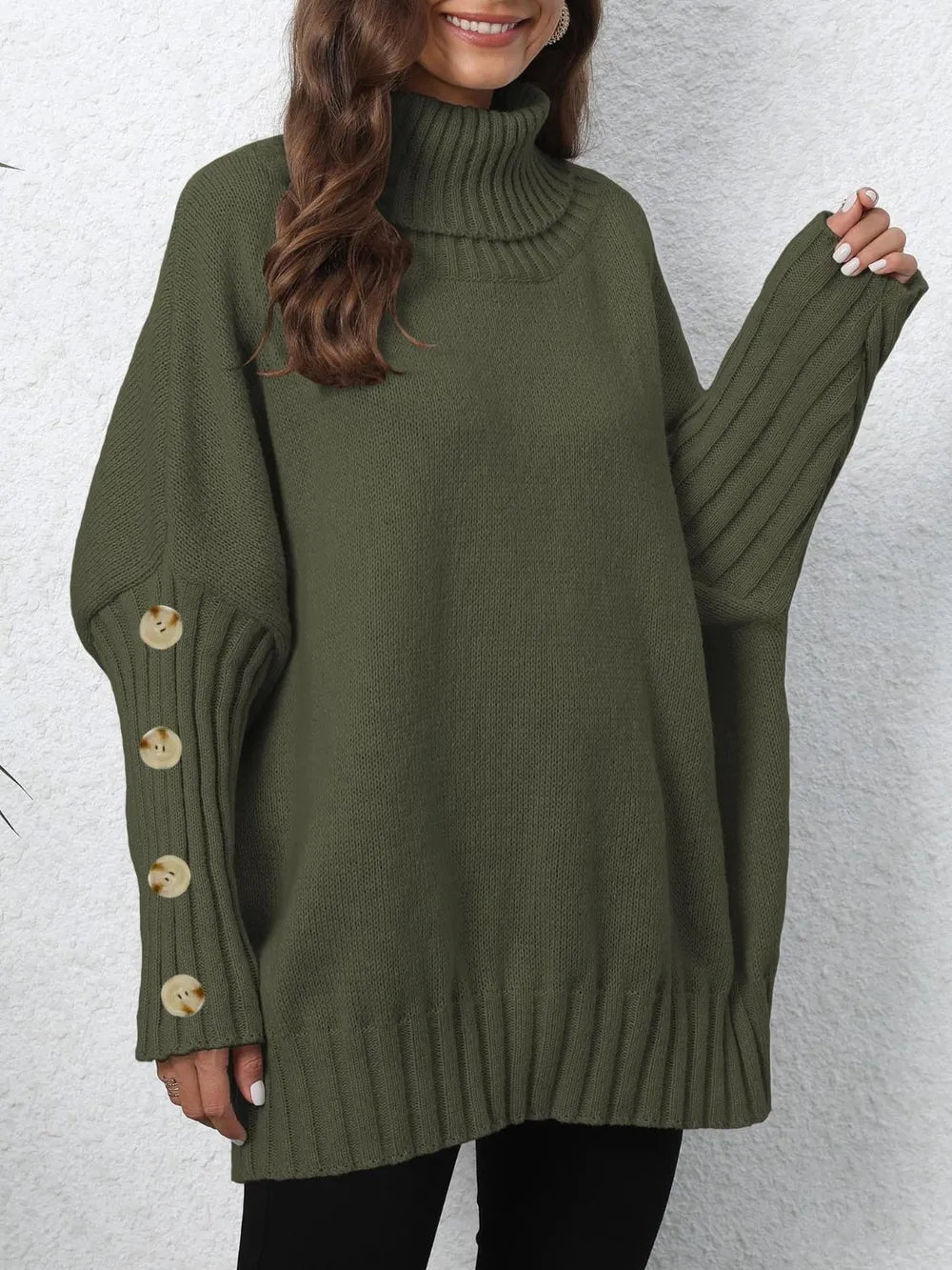 Button-Detail Turtleneck Sweater
