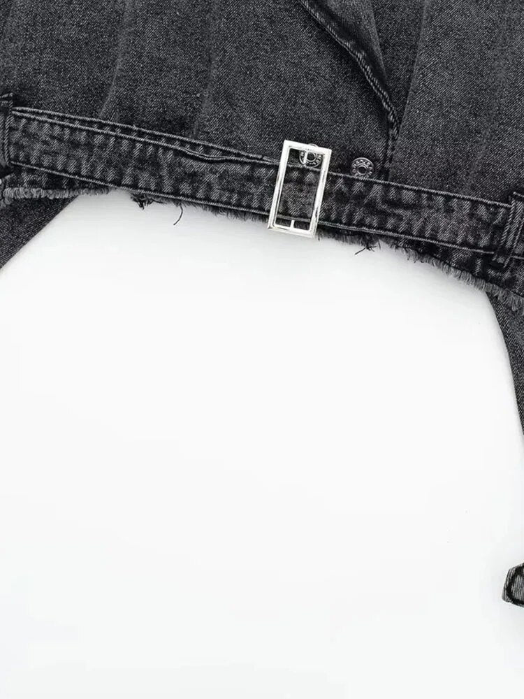 Woman Cropped Denim Jacket  Autumn Women With Belt Jean Jackets for Women Long Sleeve Bomber Streetwear Coats