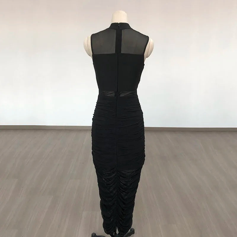 Celebrity Party Dresses For Women Sexy See Through Mesh Patchwork Bodycon Black Bandage Draped Stretch Dress