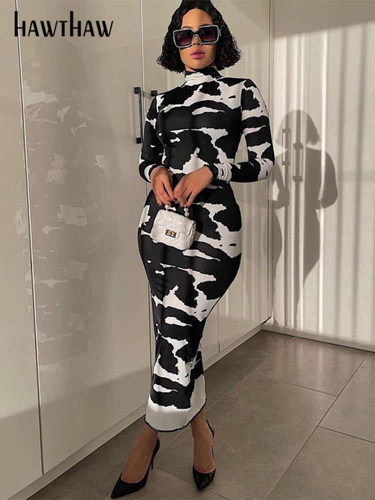 Printed Long-Sleeve Bodycon Maxi Dress