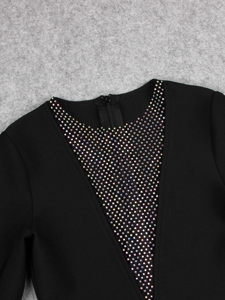Women Winter Sexy Long Sleeve O Neck Mesh Diamonds Black Mini Bodycon Bandage Dress Elegant Evening Party Dress