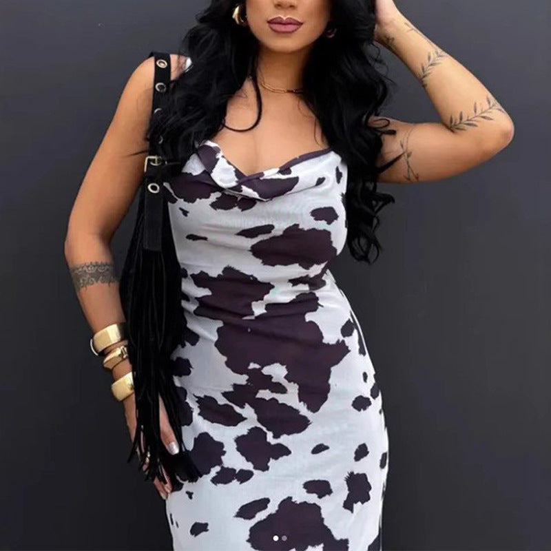 Spring New Fashion Brand Denim Jeans High Waist Cow Print Denim High Waist Dress