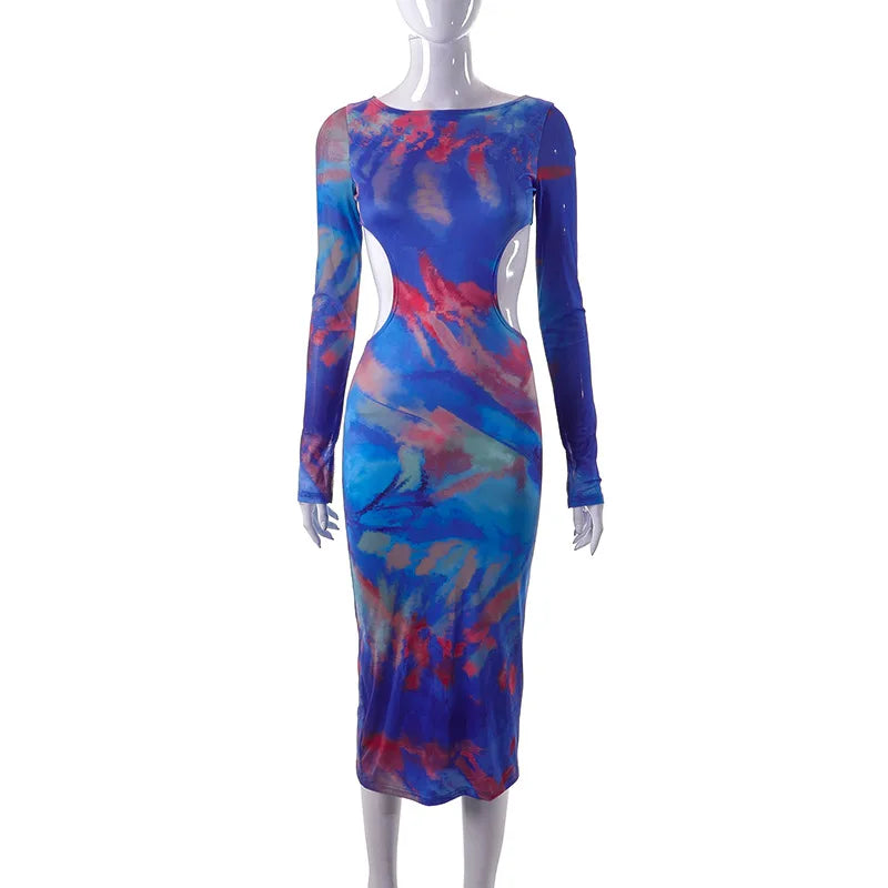 Blue Mesh-Sleeve Cutout Maxi Dress