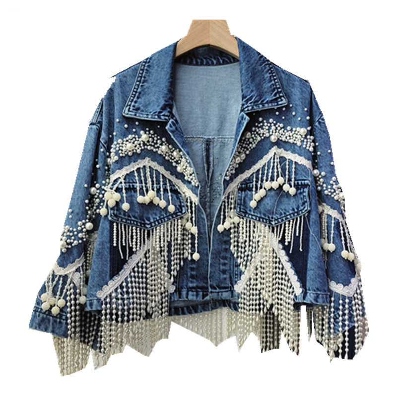 Korean Heavy Pearl Tassel Loose All-Match Personalized Short Denim Jacket Women Jean Jacket Outerwear Spring New Clothes