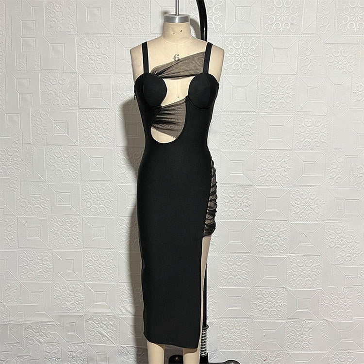 Pleated Mesh Asymmetrical Bandage Dress