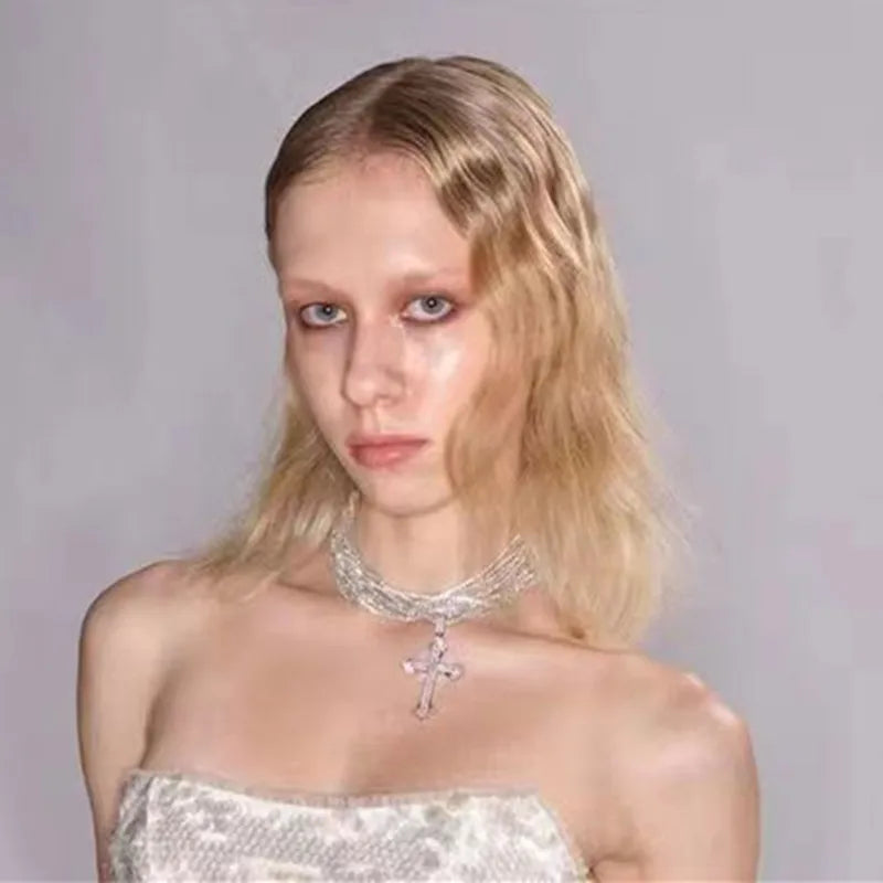 Rhinestone Cross Statement Choker Necklace