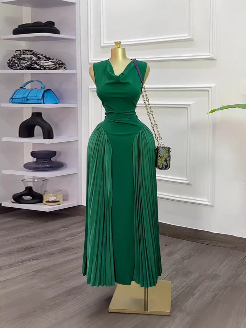 Elegant Sleeveless Pleated Bodycon Dress with Patchwork Design for Summer Long Dress