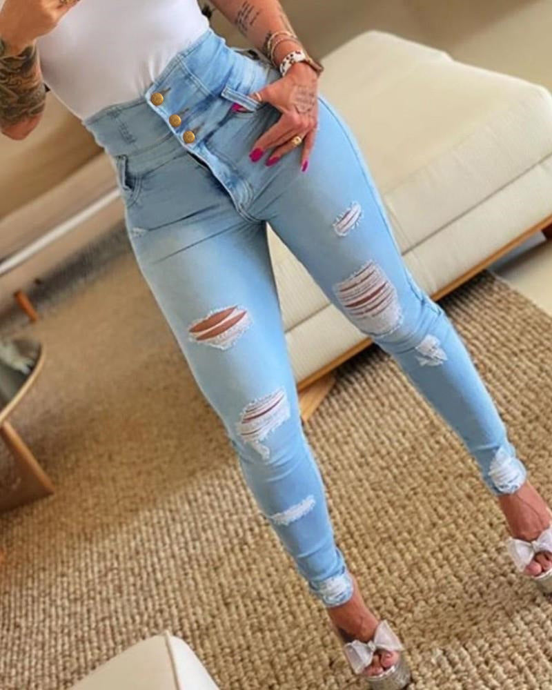 High-Waisted High-Stretch Distressed Skinny Jeans