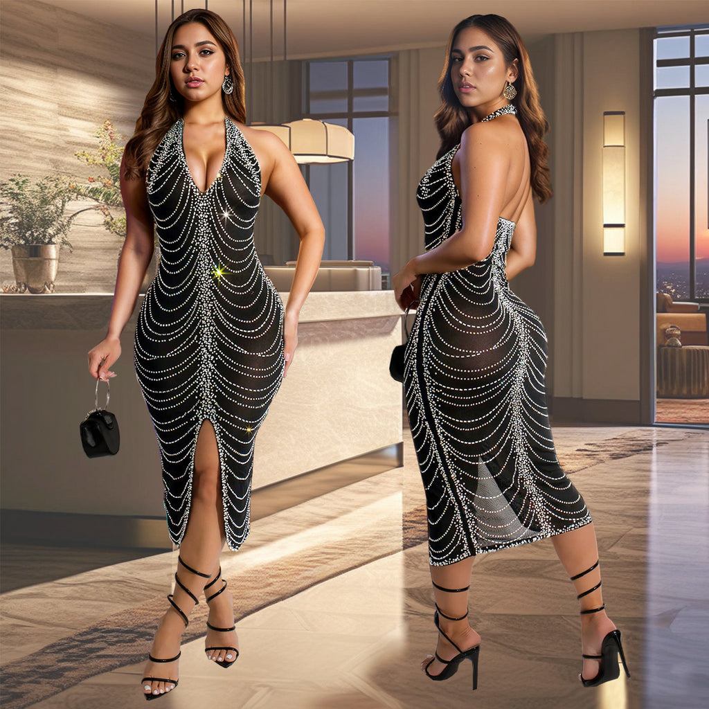 Fashion Women's Rhinestone Embellished Fitted Sexy Bodycon Long Dress