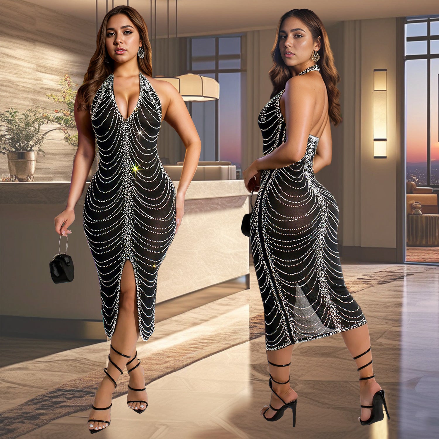 Fashion Women's Rhinestone Embellished Fitted Sexy Bodycon Long Dress