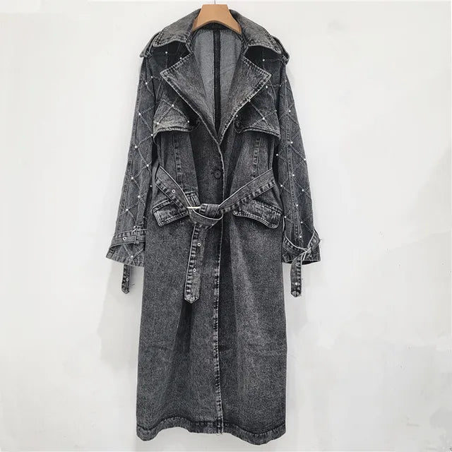 GetSpring Women Denim Trench Coat Temperament Pearl Lace Up Jean Windbreaker All Match Loose Long Denim Overcoat New