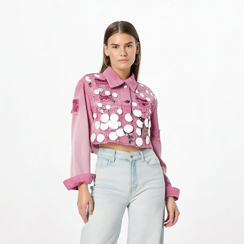 Women's Denim Coat Patchwork Sequins Broken Holes Diamonds Short Single Breasted Jackets  Autumn New Fashion
