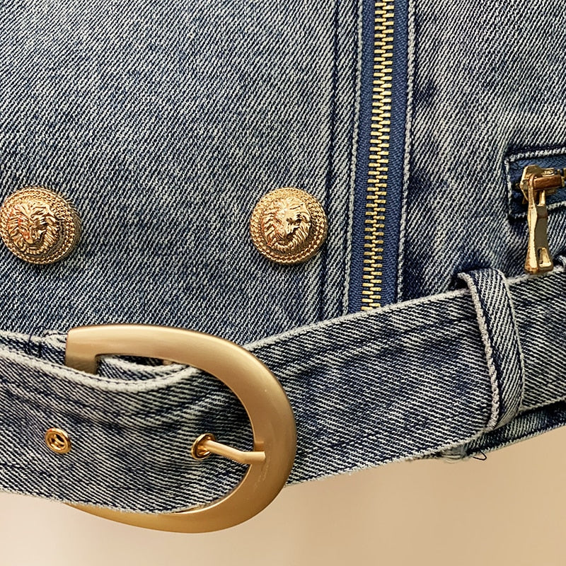 HIGH QUALITY Newest Designer Fashion Designer Jackets Women's Zippers Lion Buttons Biker Denim Motorcycle Jacket