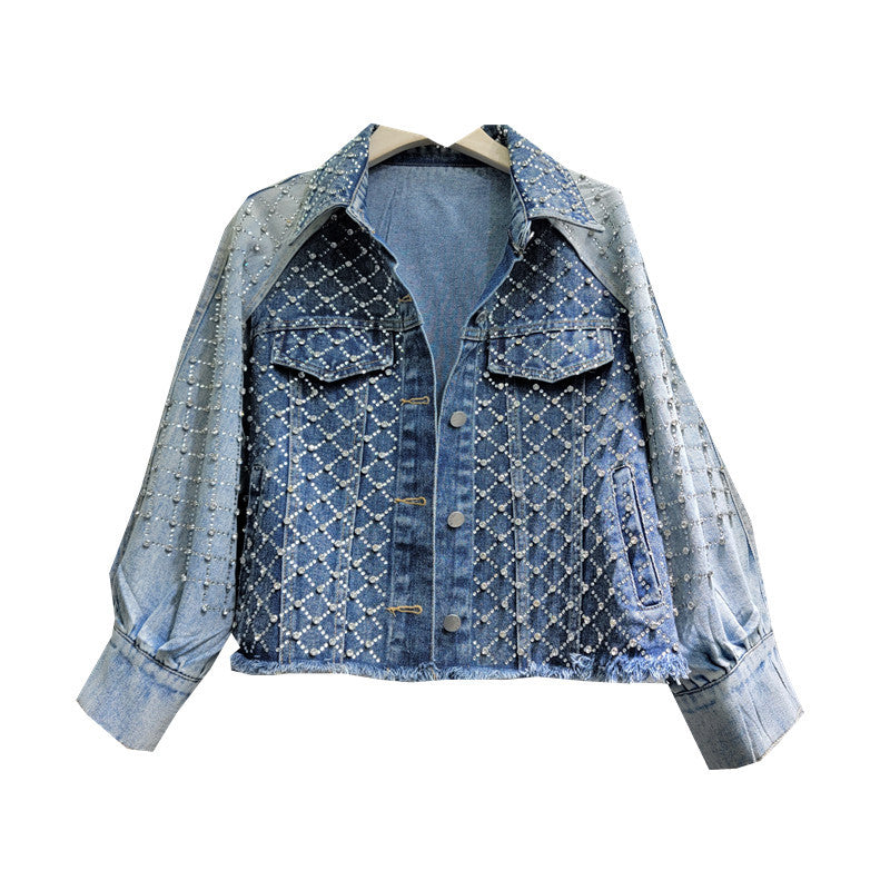 Women Hot Drilling Diamond Beads Retro Washed Denim Jacket Contrast Color Patchwork Rhinestone Jeans Coat Fake Two Piece Outwear