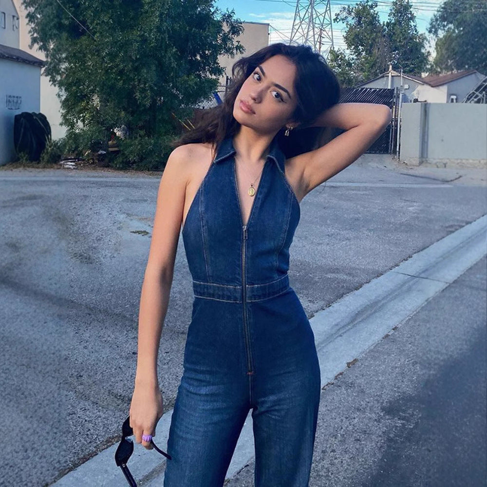 Skinny street retro style high waisted sleeveless denim jumpsuit