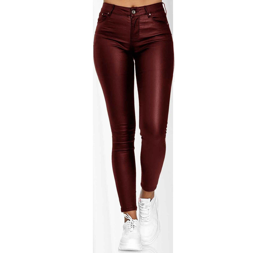 High-Waisted Solid Color Leather Casual Skinny Pants for Women Versatile and Stylish Long Trousers