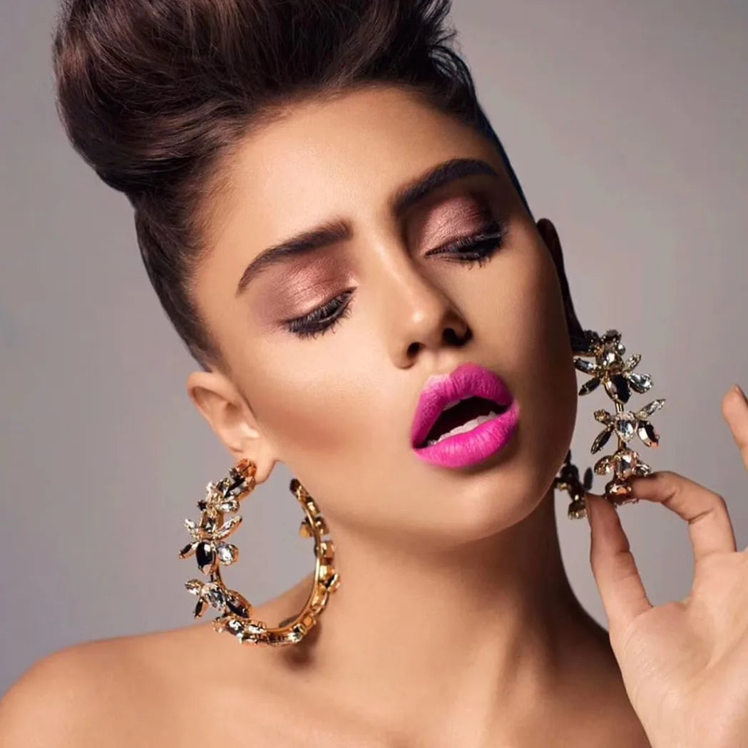 Exaggerated New Shiny Rhinestone Flowers Hoop Earrings For Women Jewelry Fashion Show Statement Earrings Accessories Hot Sale