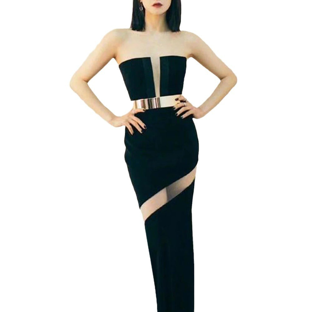 Sheer Mesh Backless Bandage Maxi Dress