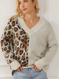 V-neck long sleeved top for women European and American fashion versatile leopard print knitted sweater for women