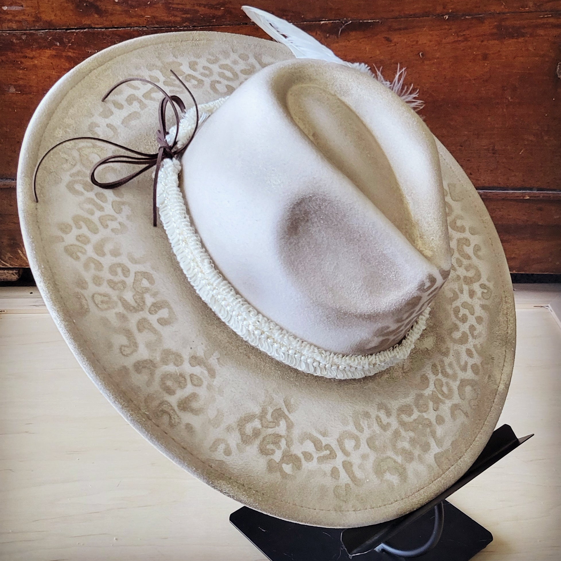 Hand-Painted Leopard Boho Western Cowgirl Hat & Band Gold 987b