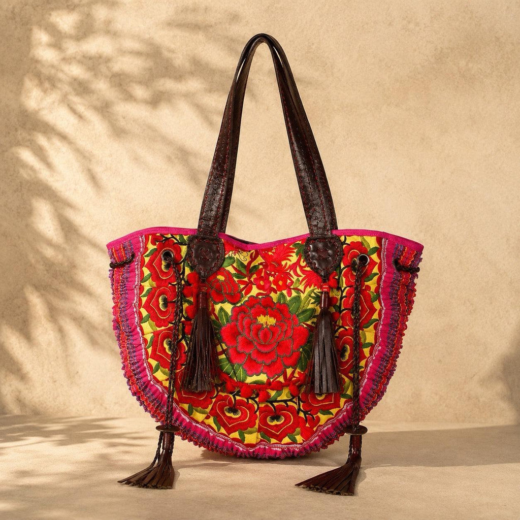 Vintage Hmong Leather Tote Artisan Handbag Fair Trade Luxury Boho Bag - Thailand