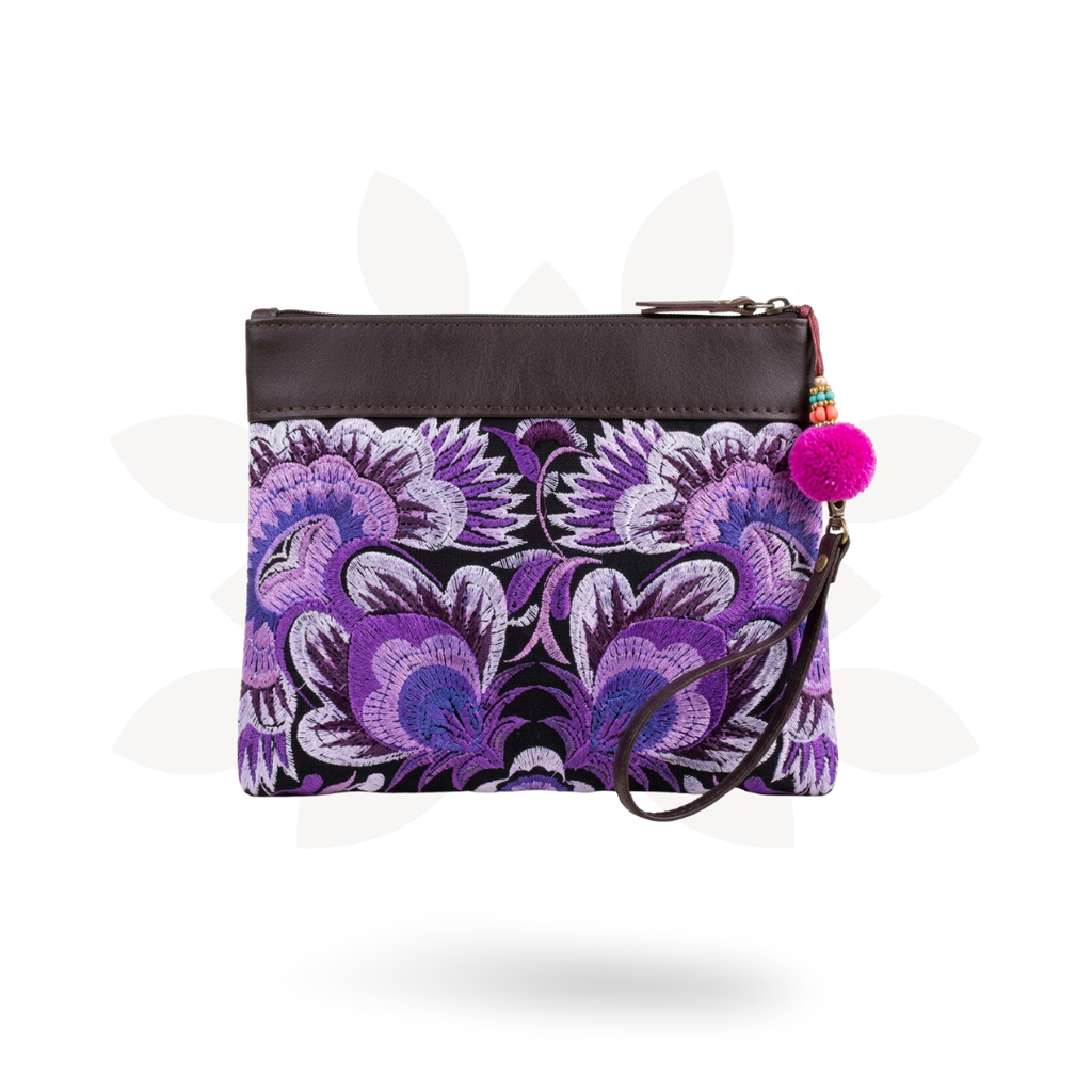 Embroidered Flower Leather Trim Wristlet - Thailand