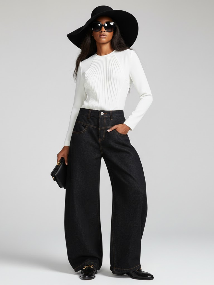 Black Wide-Leg Denim Jeans with Contrast Stitching • BYMANYC ® New York