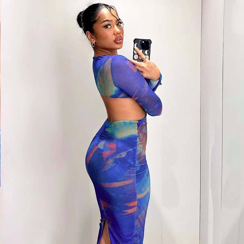Blue Mesh-Sleeve Cutout Maxi Dress
