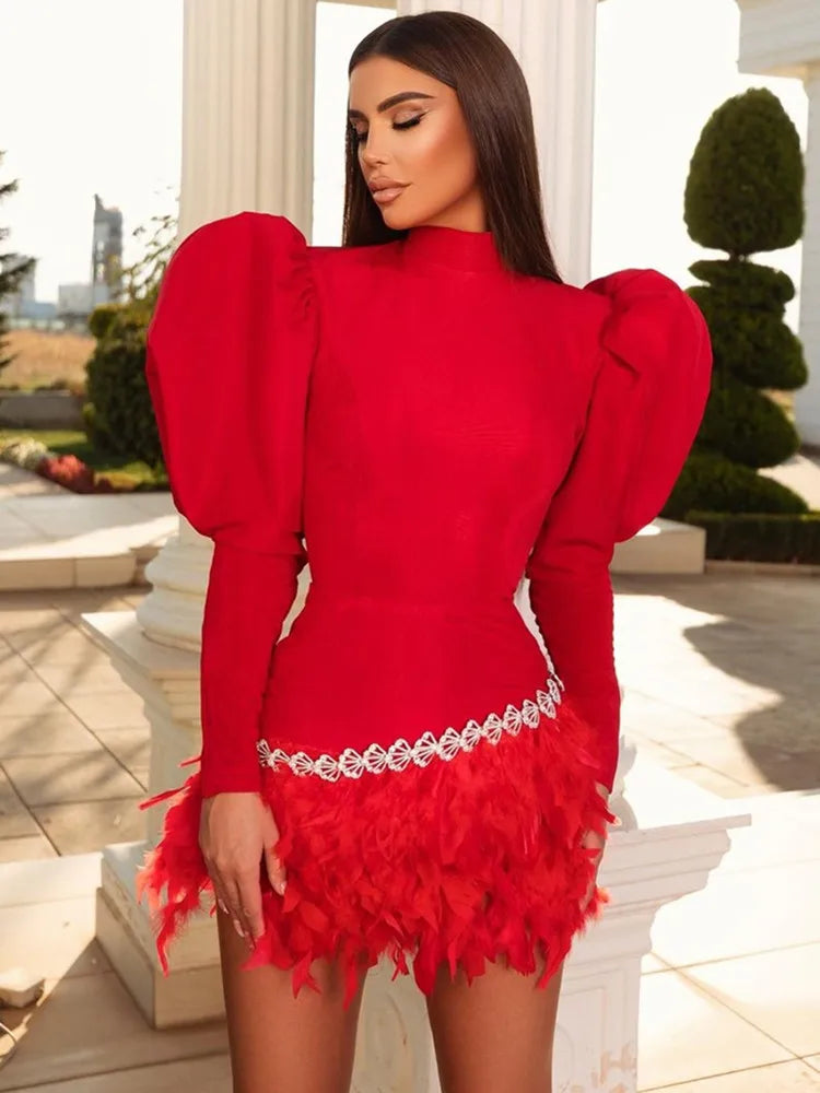 Women Celebrity Sexy Long Sleeve Feather Diamonds Black Red Mini Bodycon Bandage Dress Elegant Evening Club Party Dress