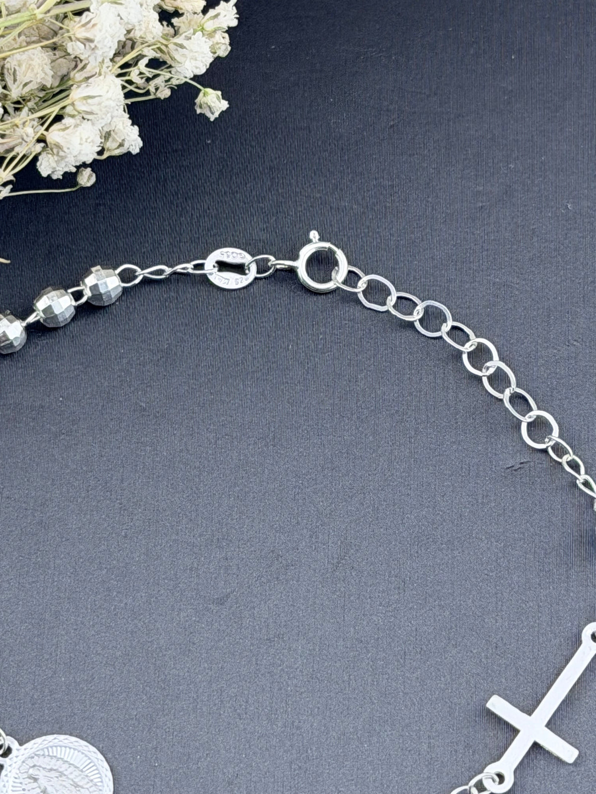 Rosary Bracelet with Cross — Sterling Silver 925