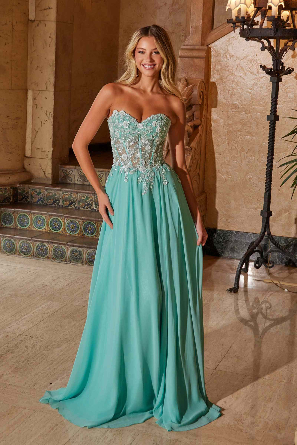 Nox Anabel C1617 Strapless Applique Corset with Chiffon Skirt Dress
