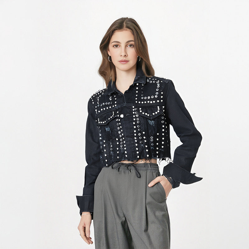 Women's Denim Coat Embroidered Flares Broken Holes Rivets Single Breasted Short Jackets Autumn New Fashion