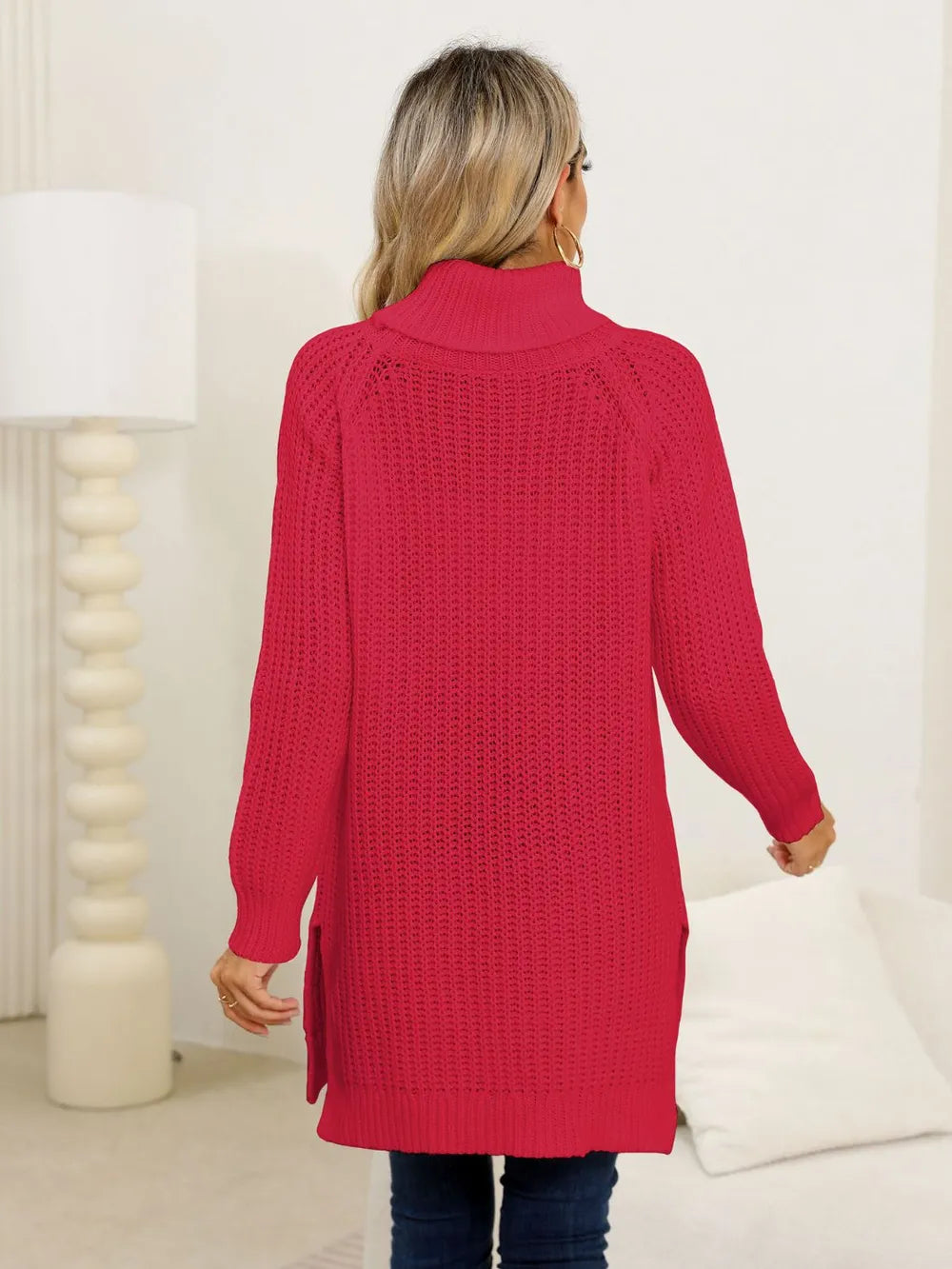 Slit Turtleneck Long-Sleeve Sweater