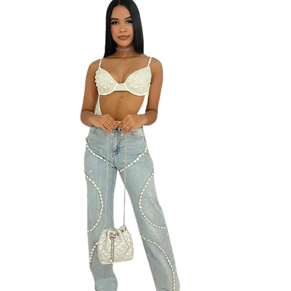 Casual Women's Jeans with Rhinestone Splicing Straight Leg Design