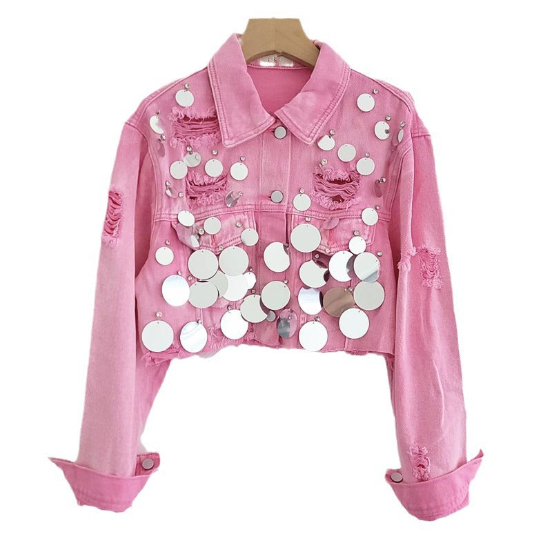 Women's Denim Coat Patchwork Sequins Broken Holes Diamonds Short Single Breasted Jackets  Autumn New Fashion