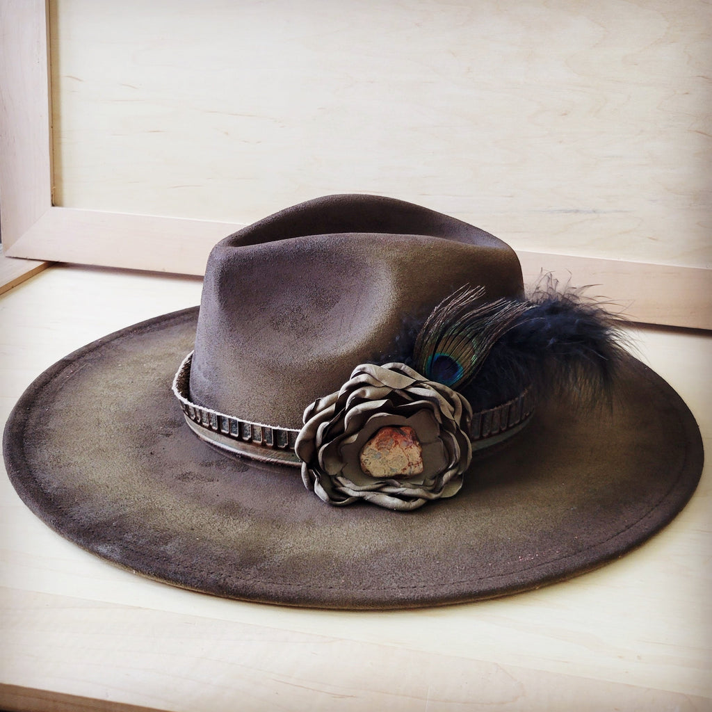 Hand-Painted Distressed Boho Western Cowgirl Hat & Band-Olive 987n