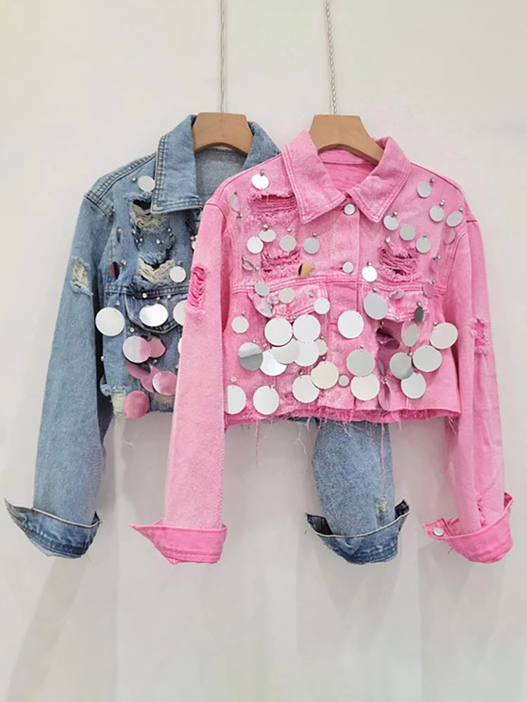 Women's Denim Coat Patchwork Sequins Broken Holes Diamonds Short Single Breasted Jackets  Autumn New Fashion