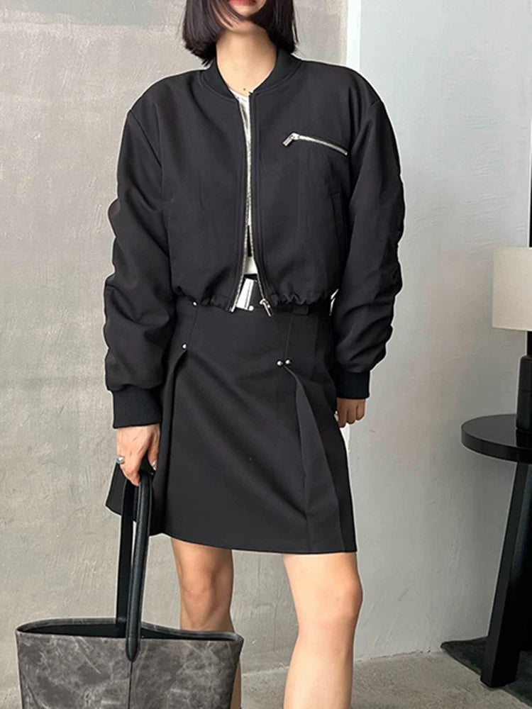 Fashion Women's Jackets Stand Collar Long Sleeves Zipper Shoulder Pad Short Slim Folds Coat Winter